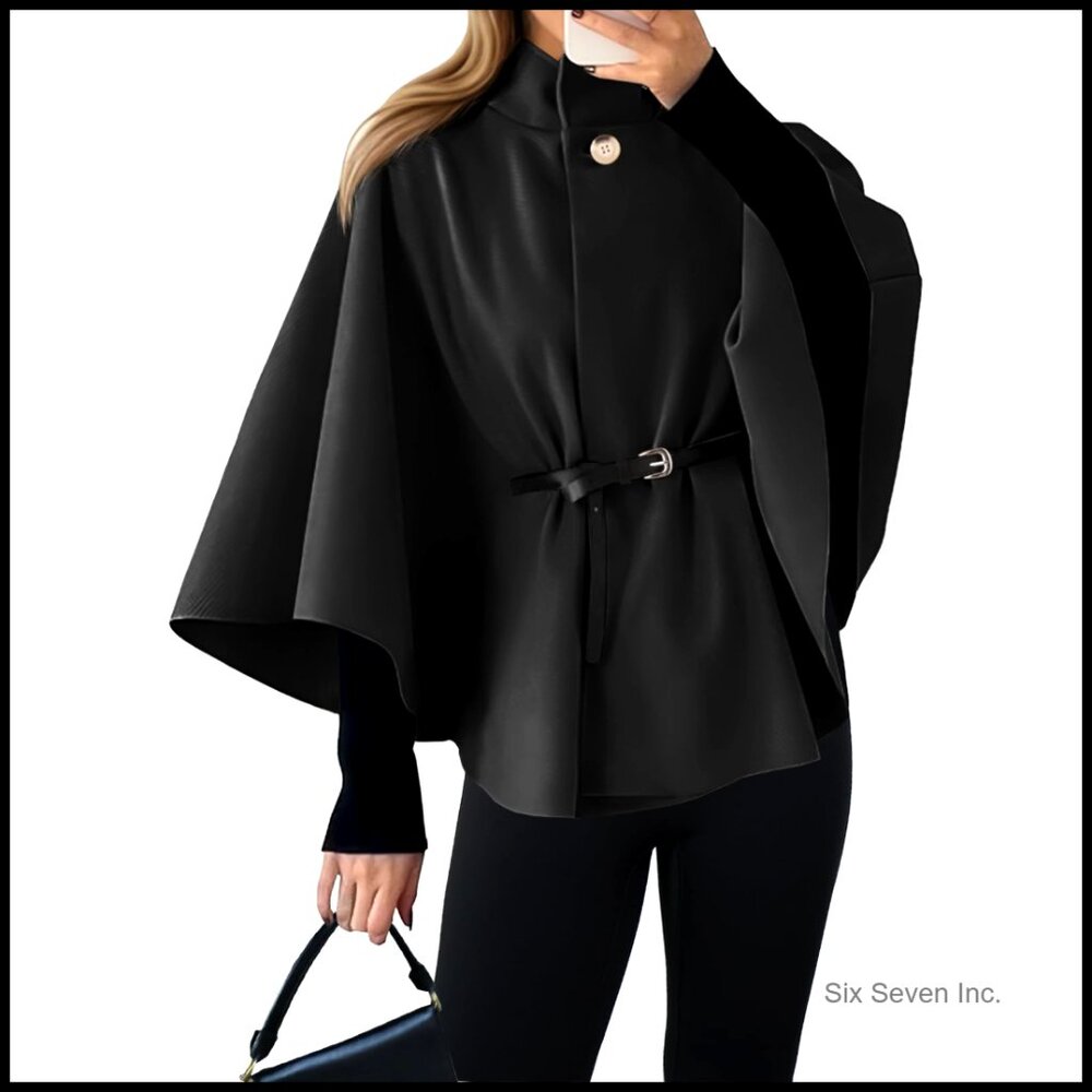 Batwing Sleeve Poncho Pea Coat With Belt, Polyester Rayon Spandex Blend
